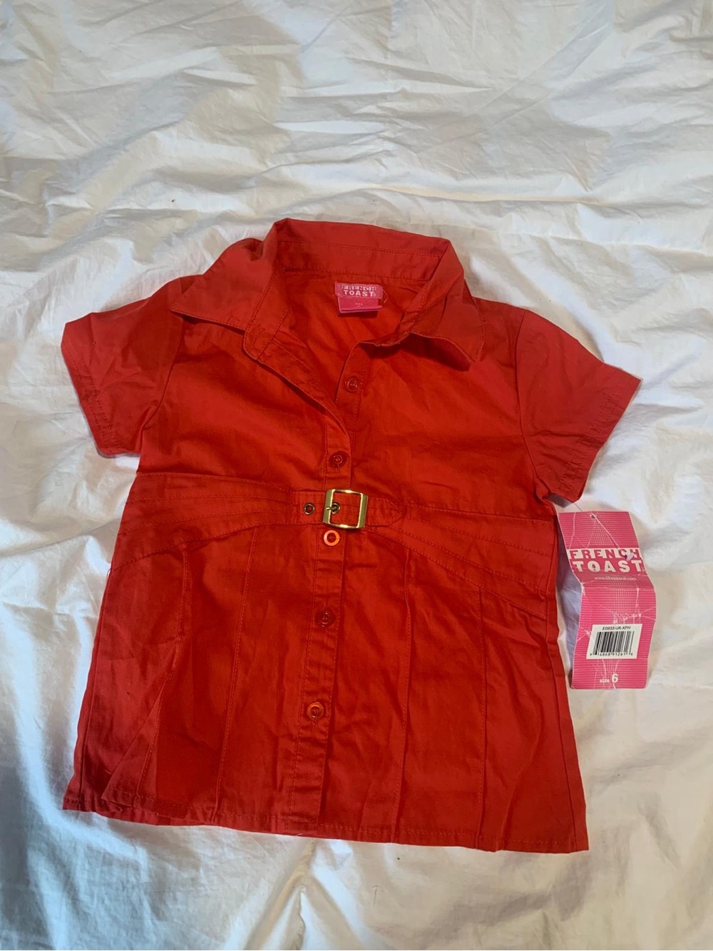 French Toast Red Short Sleeve Shirt Dress with Belt Detail